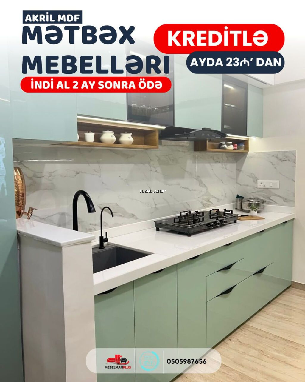 Sifarişlə mətbəx dəsti, Özü çəkən petlələr, Sadə laminat, Kredit var, Pulsuz çatdırılma