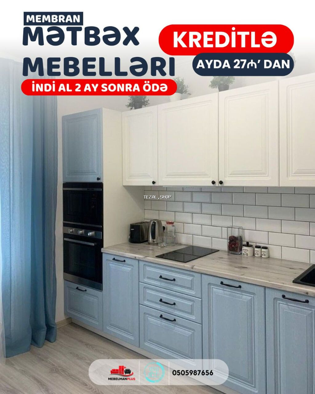 Sifarişlə mətbəx dəsti, Özü çəkən petlələr, Mat laminat, Kredit var, Pulsuz çatdırılma Bakı — TezAl.shop