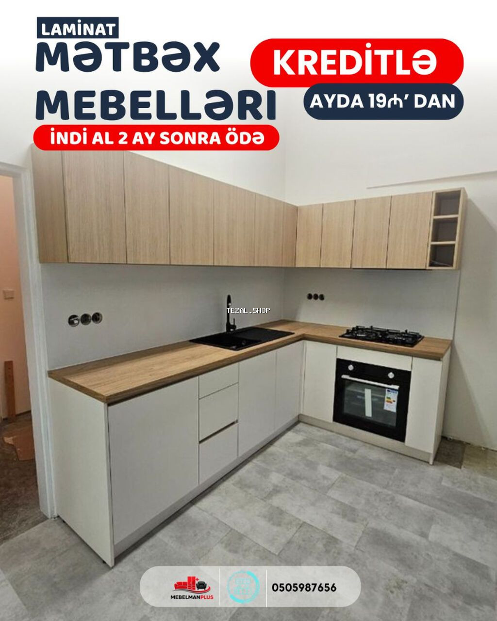 Sifarişlə mətbəx dəsti, Özü çəkən petlələr, Mat laminat, Pulsuz çatdırılma - şəkil 2