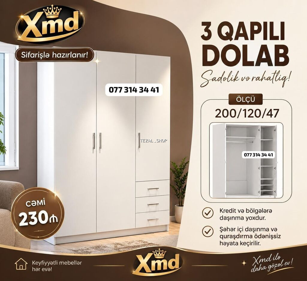 Düz dolab, Paltar üçün, Açılan, Korpuslu, 3 qapılı
