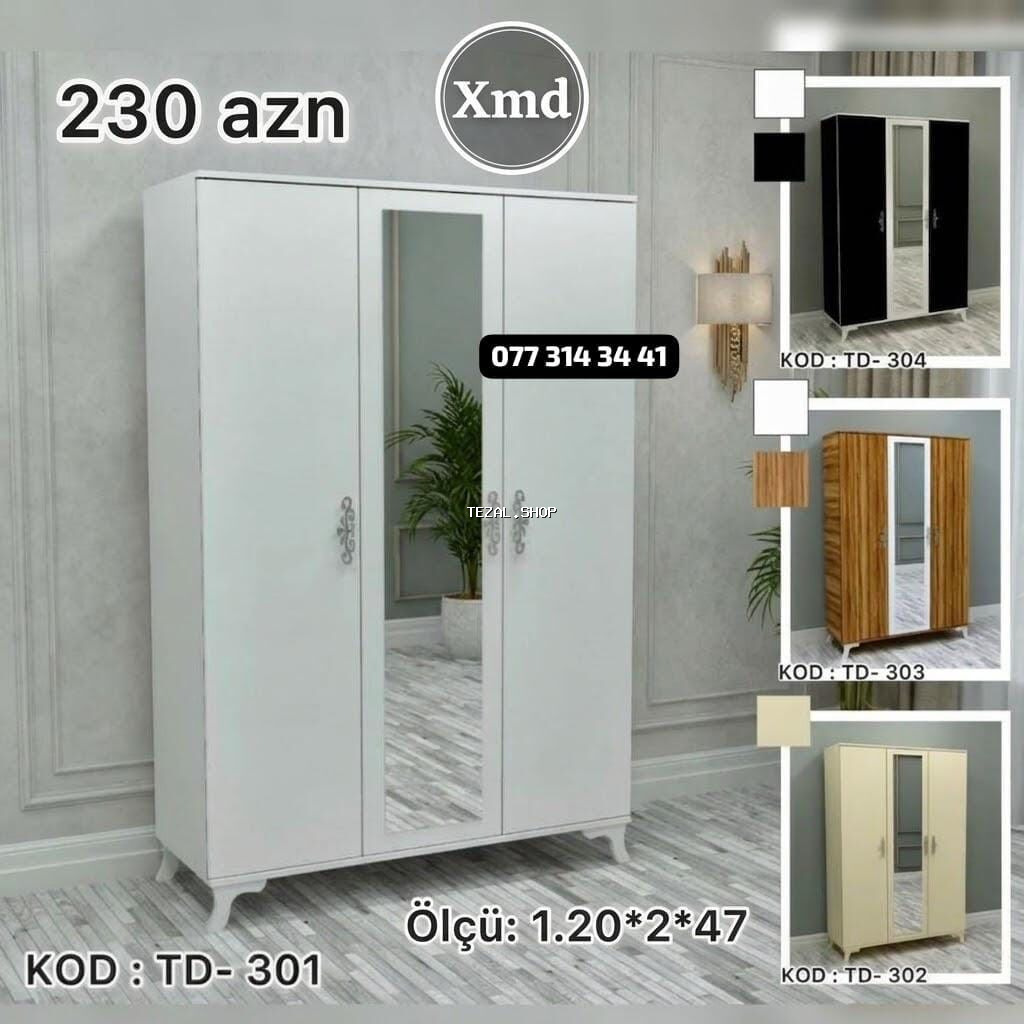 Düz dolab, Paltar üçün, Açılan, Korpuslu, 3 qapılı - şəkil 3