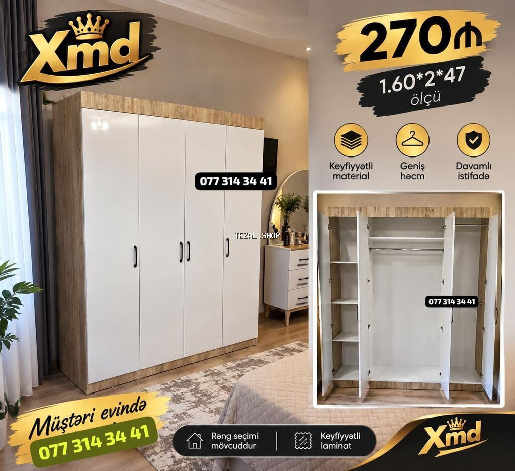 Düz dolab, Paltar üçün, Açılan, Korpuslu, 3 qapılı - şəkil 4