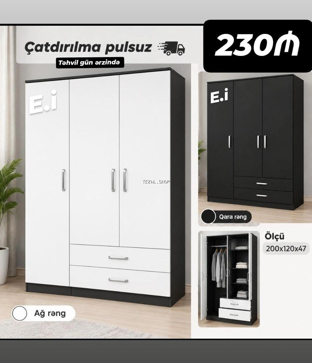 Düz dolab, Paltar üçün, Açılan, Korpuslu, 3 qapılı - şəkil 5