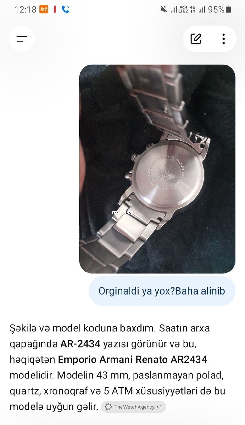 Emporio Armani kişi qol saatı. Xaricdən 750 manata alınıb - şəkil 4