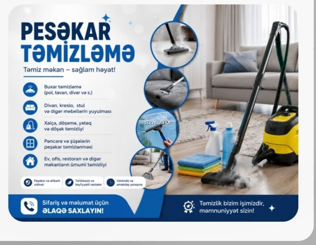 Peşəkar Təmizləmə Xidməti Təmiz məkan – sağlam həyat! Xidmətlər: -
