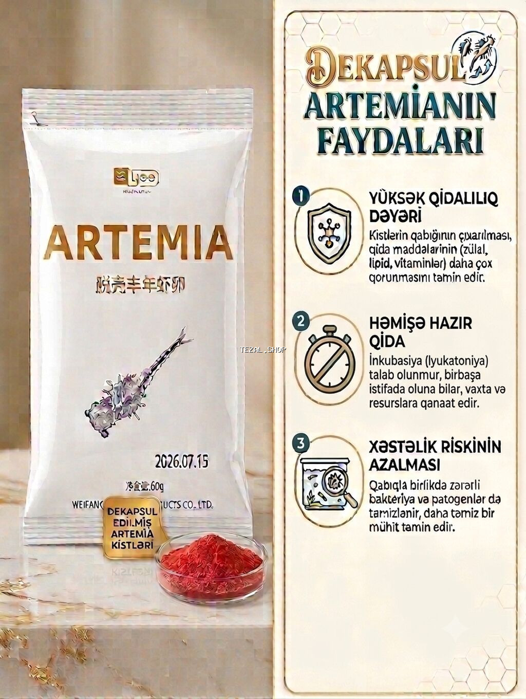 Artemia dekapsul - Xalis çəki: 60 q - Ümumi istifadə: balıq körpələri