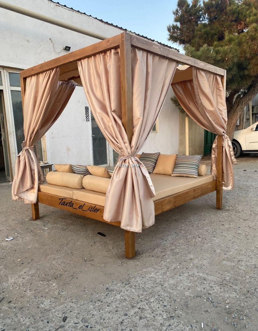 Hovuz kənarı pavilyonlu lounge çarpayısı - Material: təbii masif ağac - şəkil 2