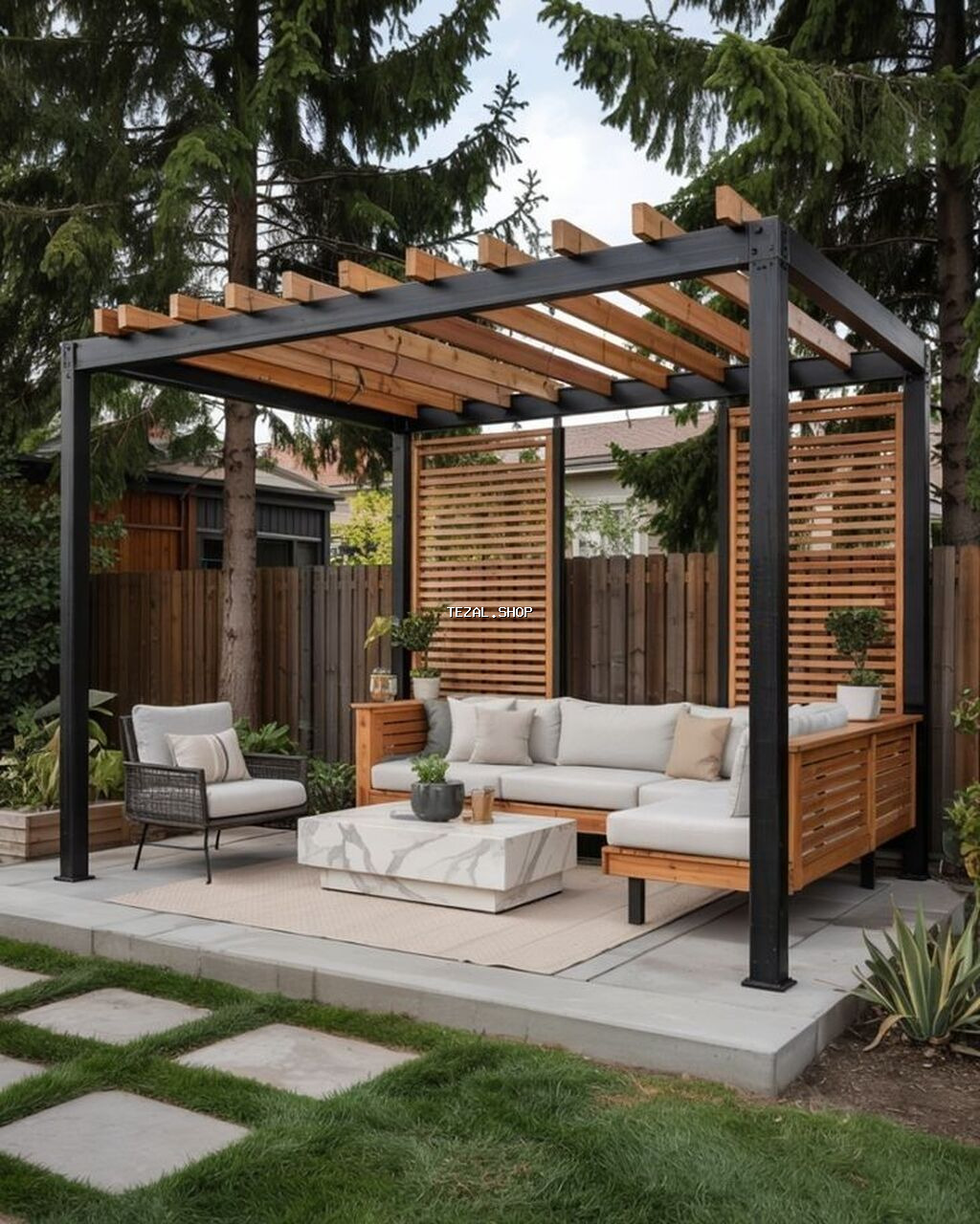 Müasir açıq hava pergola və lounge dəsti - Dizayn: Qara metal