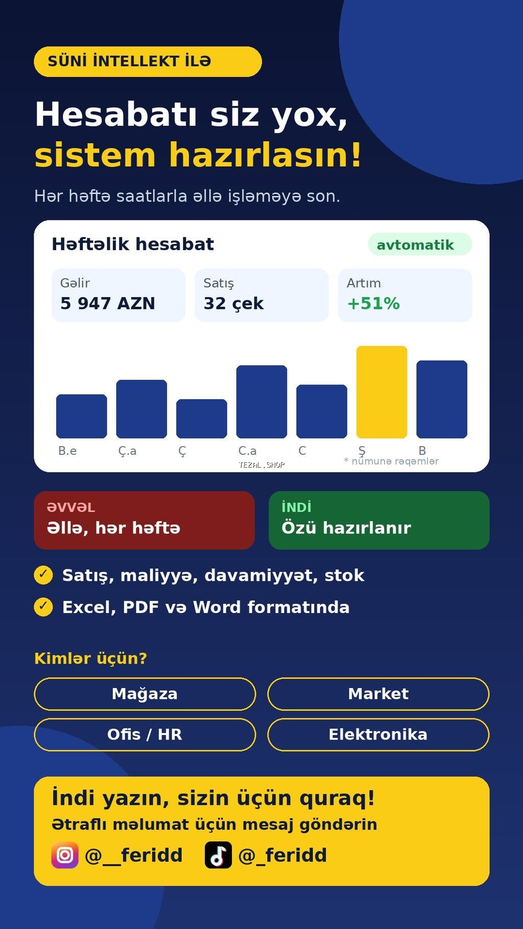 Mağaza üçün avtomatik satış hesabatı (Excel) Hər həftə satış