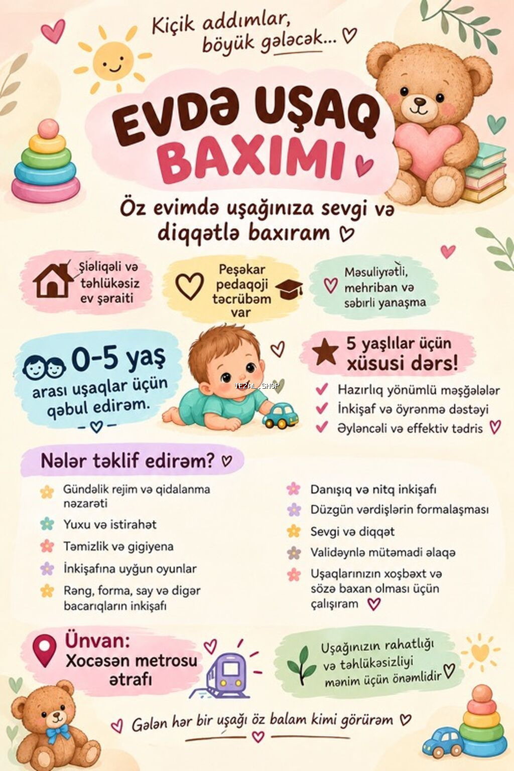 Dayə/tərbiyyəçi xidməti – Xocəsən metrosu yaxınlığı Öz evimdə 0–6 yaş