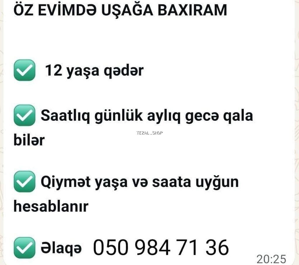 Xidmət: Ev şəraitində uşaq baxımı - 12 yaşadək uşaqlara nəzarət -
