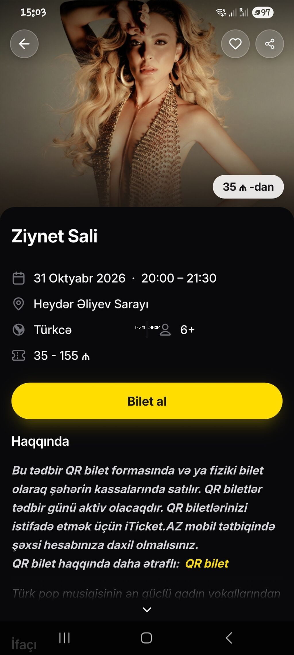 Ziynet Sali konsertinə 2 bilet – B sektor, 1-ci sıra – endirimli 31 Bakı — TezAl.shop
