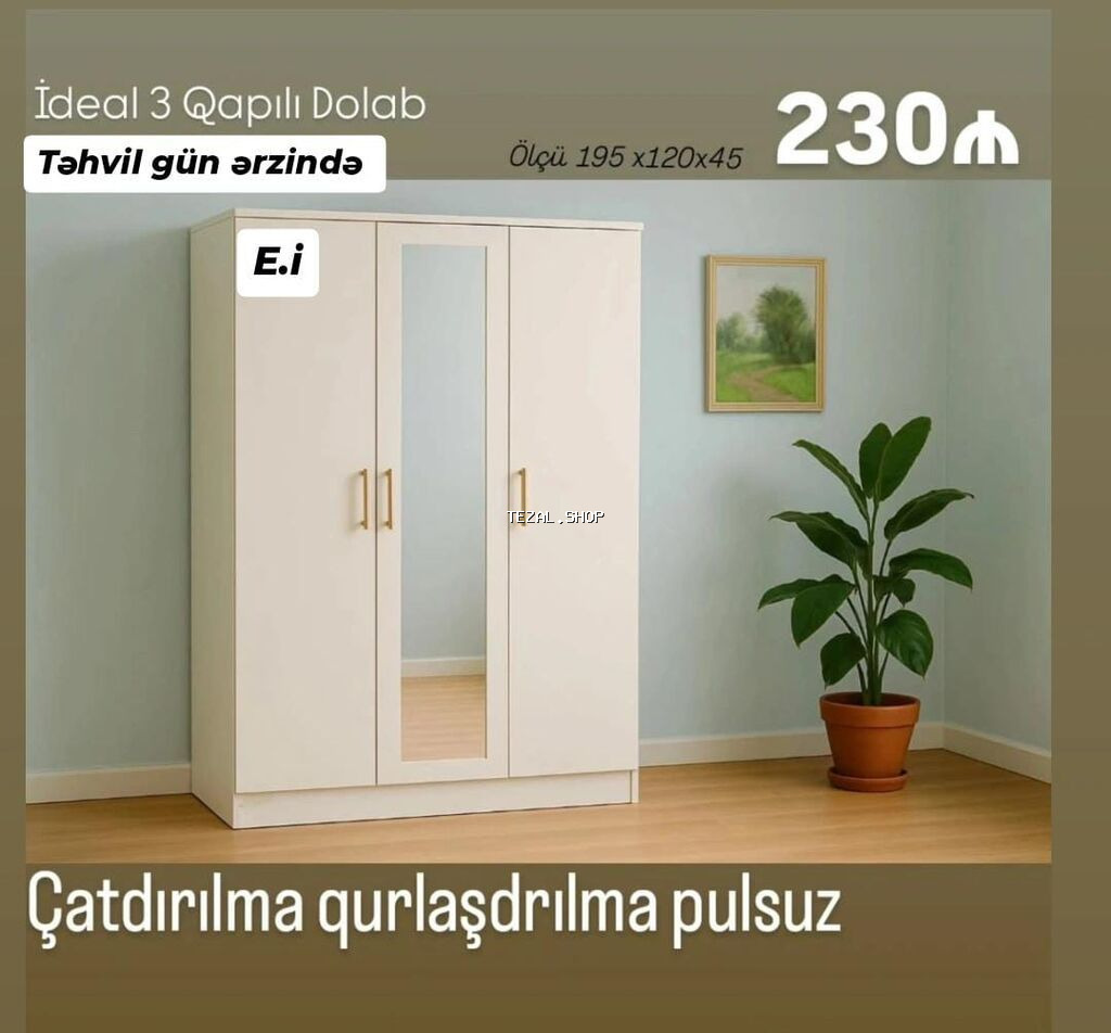 İdeal 3 Qapılı Dolab - Ölçü: 195 x 120 x 45 sm - 3 qapılı dizayn