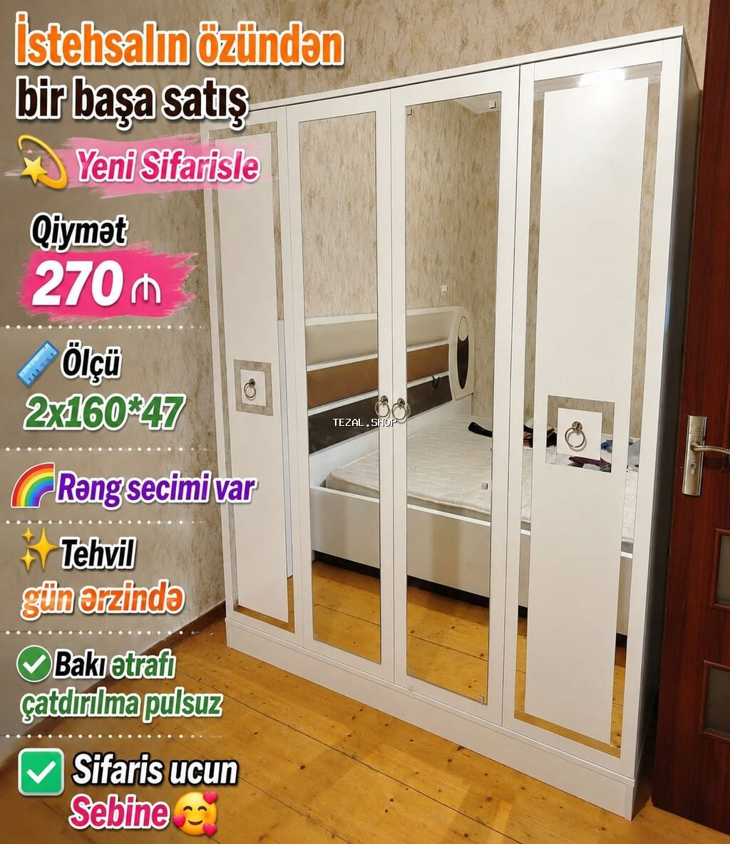 - Ağ rəngdə dörd qapılı geyim şkafı, iki qapıda tam boy güzgü