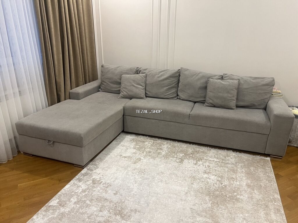 Boz rəngli künc divan (L‑şəkilli), geniş oturacaq və chaise bölməsi - şəkil 3