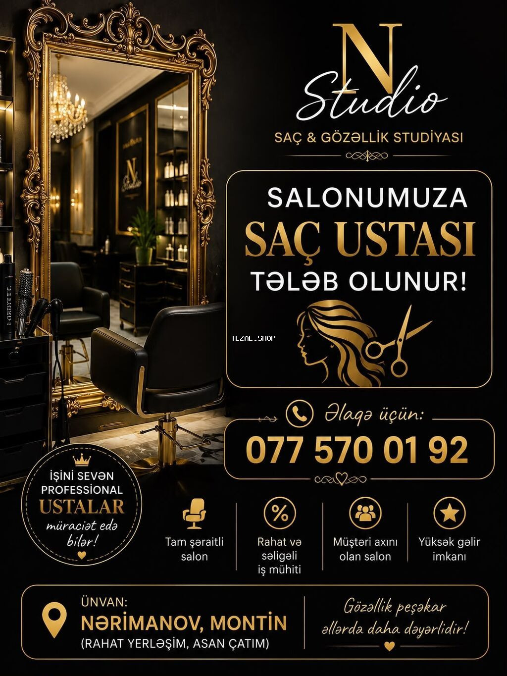N Studio – Saç və Gözəllik Studiyası Salonumuza saç ustası tələb