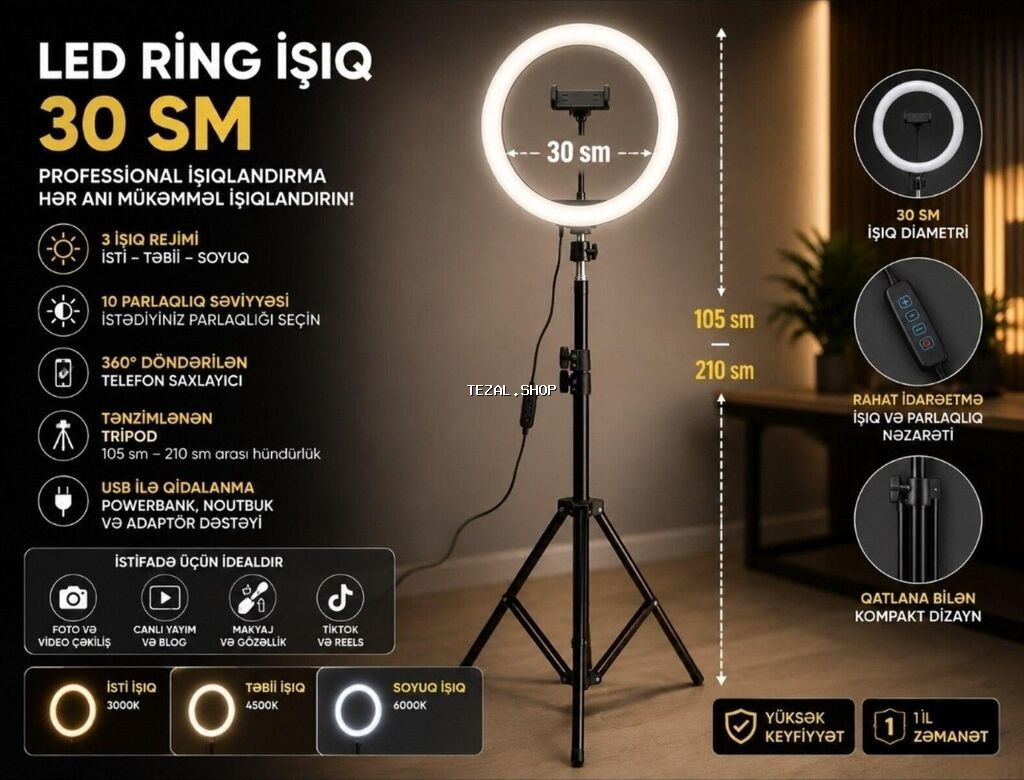 Led tripod Текст 💡 LED RING İŞIQ – 30 SM Foto və video çəkilişləri