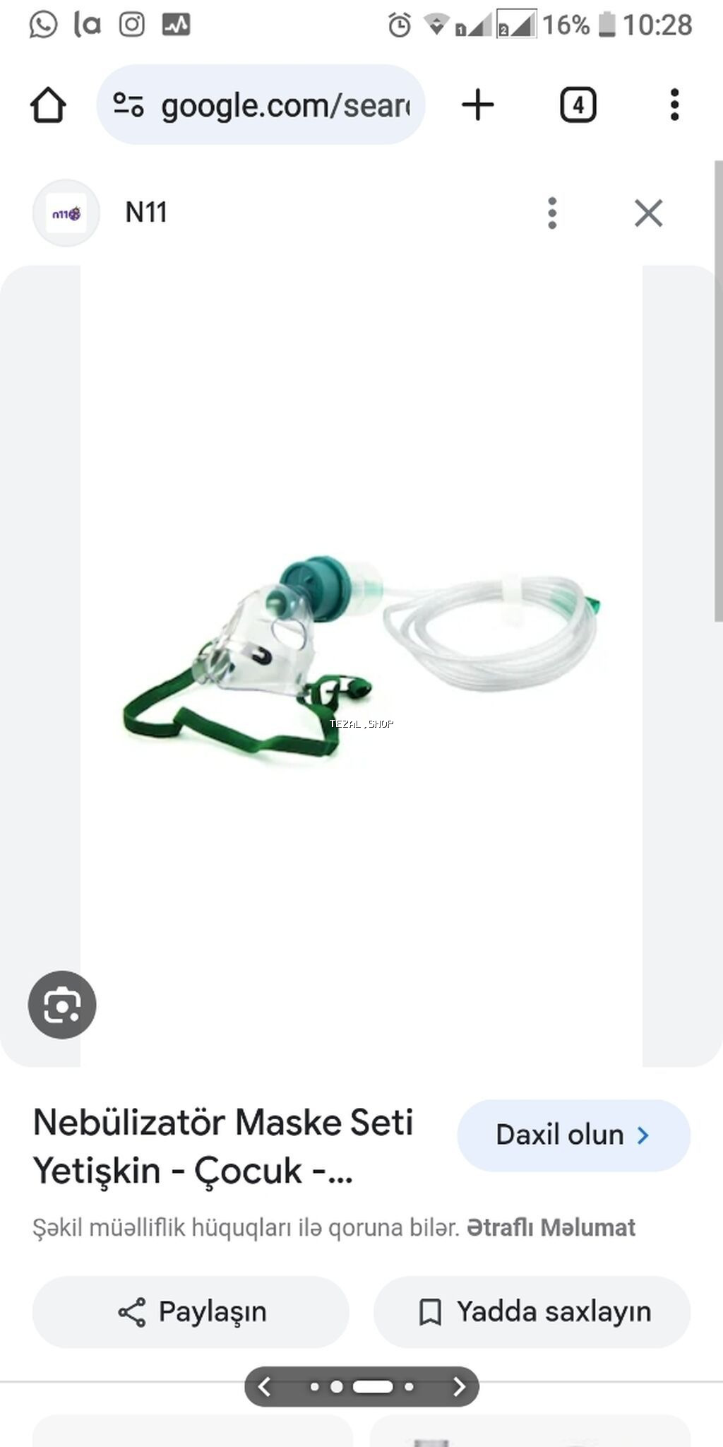 NİMO Nebulizator-inqalyator cihazı üçün ehtiyyat,maska seti.Cocuk