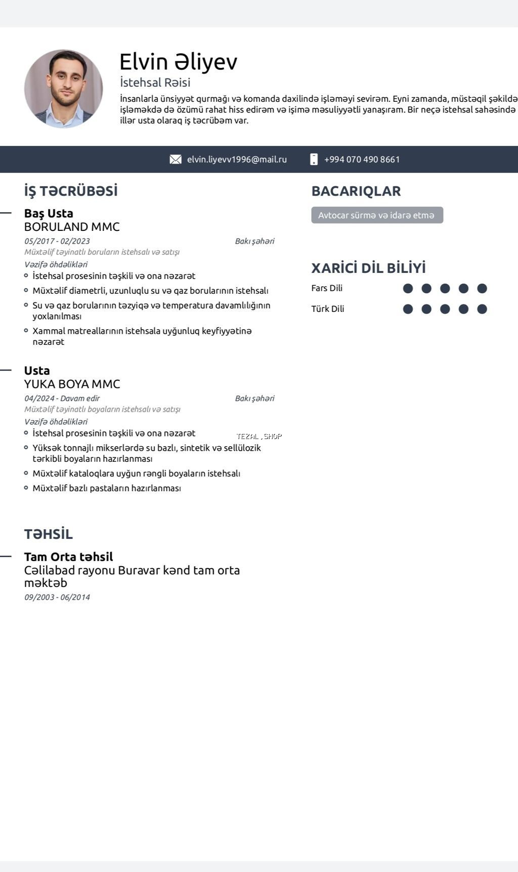 Xidmət: İstehsal sahəsində rəhbərlik və baş usta xidmətləri Peşə