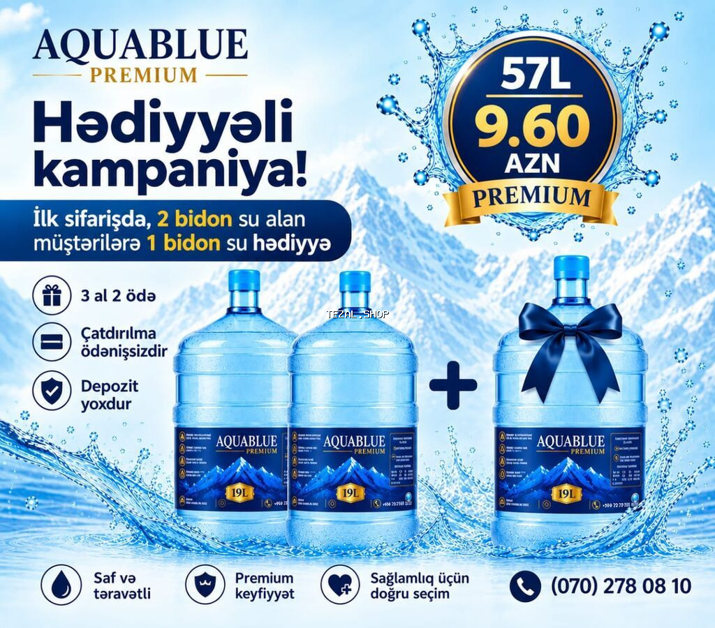 Aquablue Premium – 19 litrlik bidon içməli su 4.80 Azn İlk sifarişdə