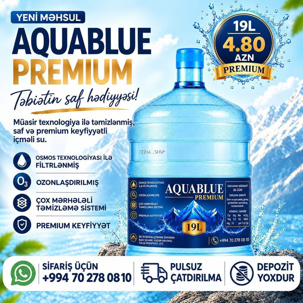 Aquablue Premium – 19 litrlik bidon içməli su 4.80 Azn İlk sifarişdə - şəkil 2