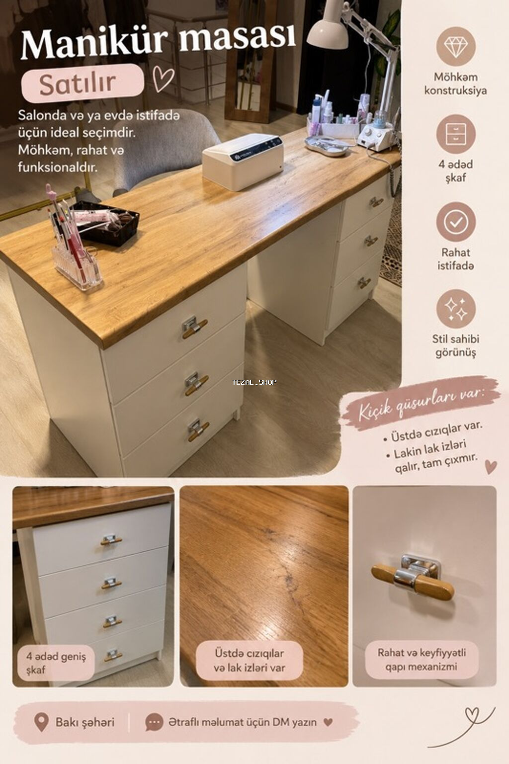 Düz masa, Siyirməli, Polkasız, Teksturalı laminat, Kredit yoxdur Bakı — TezAl.shop