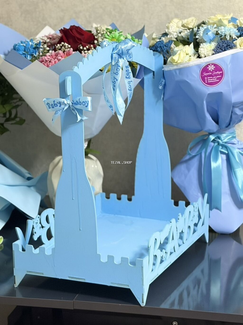 Mavi temalı “Baby Boy” dekorativ səbət/dəst qutusu - Material: bərk