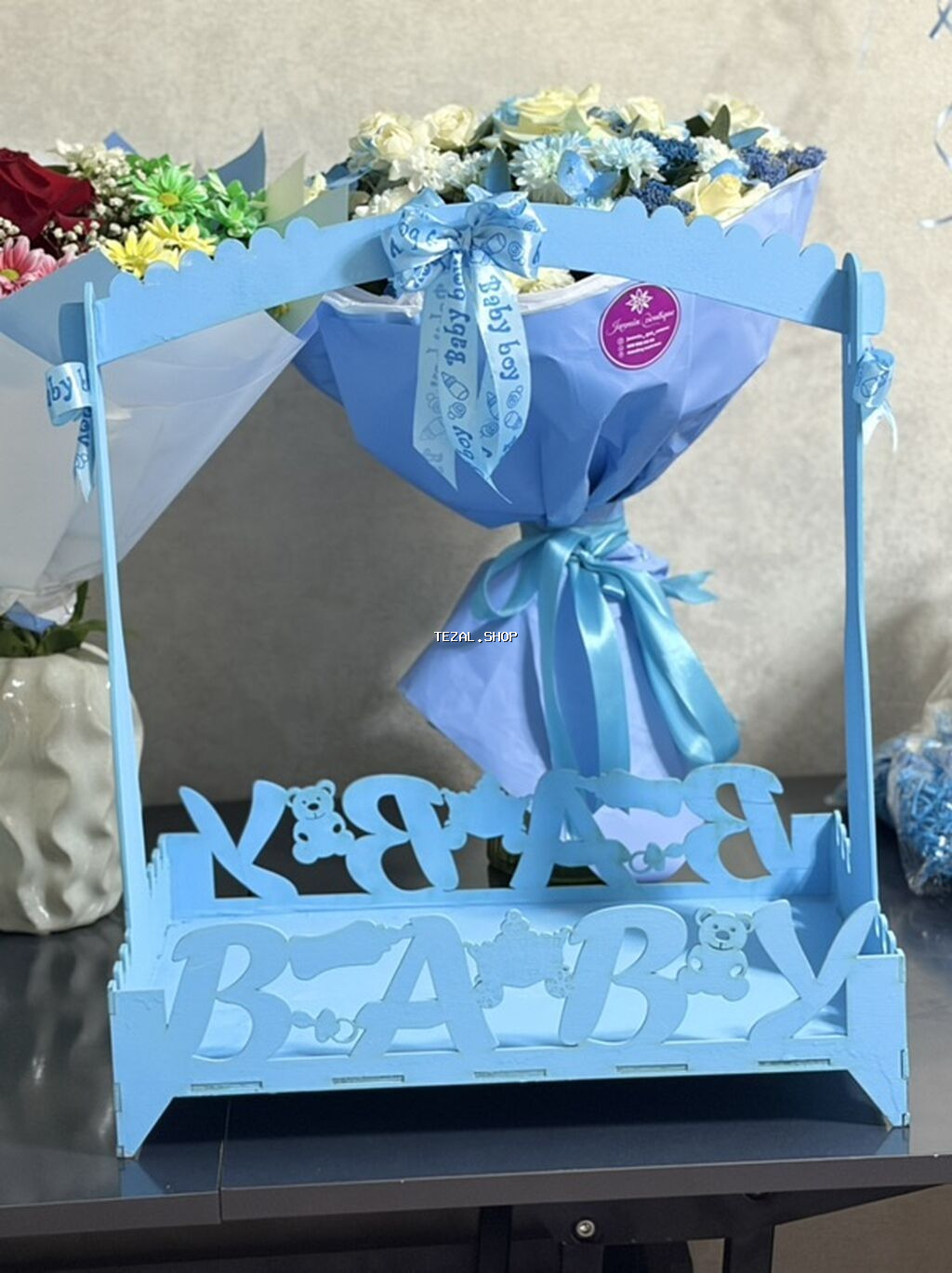 Mavi temalı “Baby Boy” dekorativ səbət/dəst qutusu - Material: bərk - şəkil 2