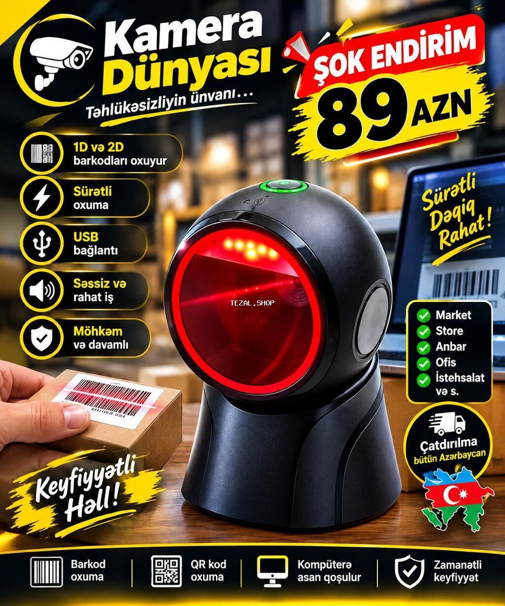 Masaüstü 2D/QR barkod oxuyucu – USB, Plug&Play - Rəng: Qara -