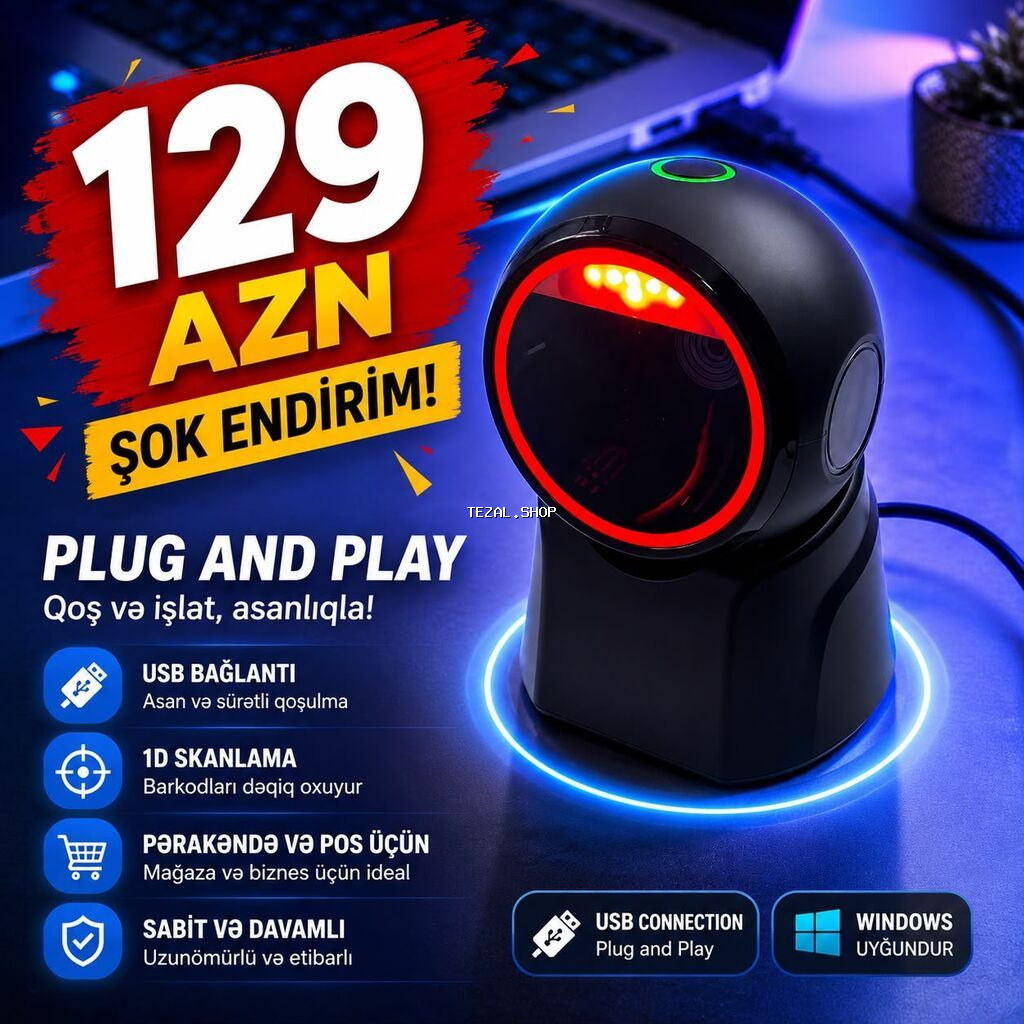 Masaüstü 2D/QR barkod oxuyucu – USB, Plug&Play - Rəng: Qara - - şəkil 2