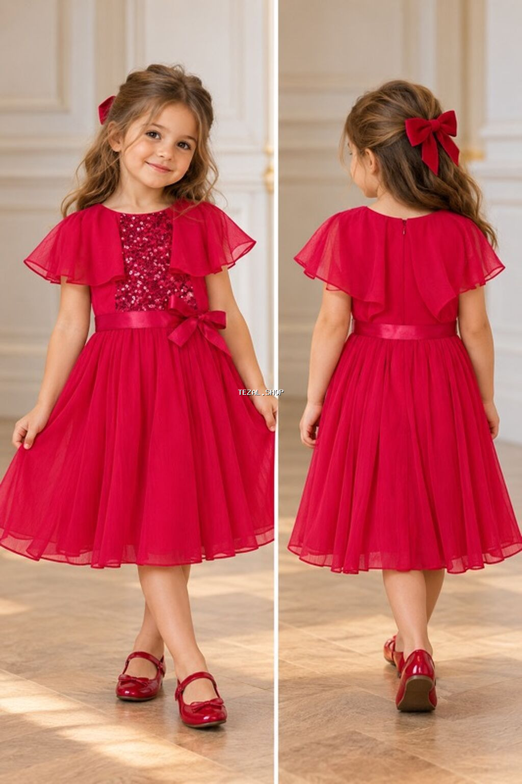 Princess Charlottes style Monsoon Sequin Cape Sleeve Dress – Qırmızı