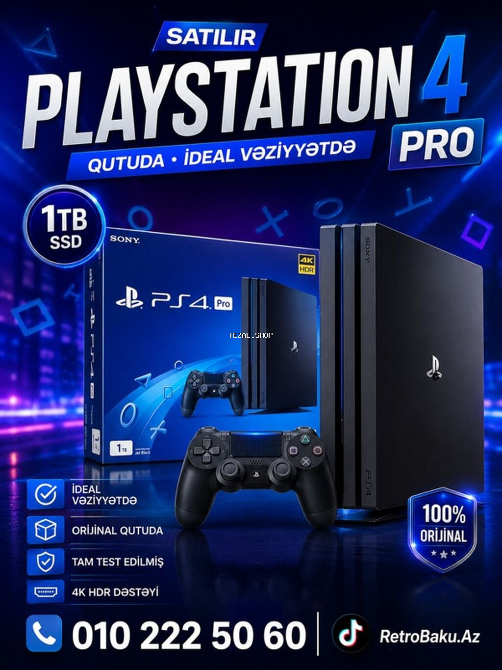 PlayStation 4 Pro – 1TB Ideal vəziyyətdə qutuda. Xaricdən qəlib test