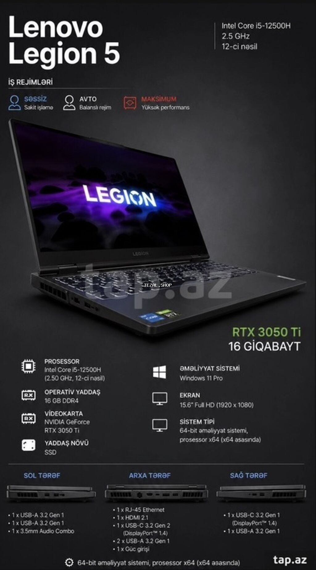 İşlənmiş Lenovo Legion, 15.6 ", Intel Core i5, 512 GB, Ünvandan götürmə