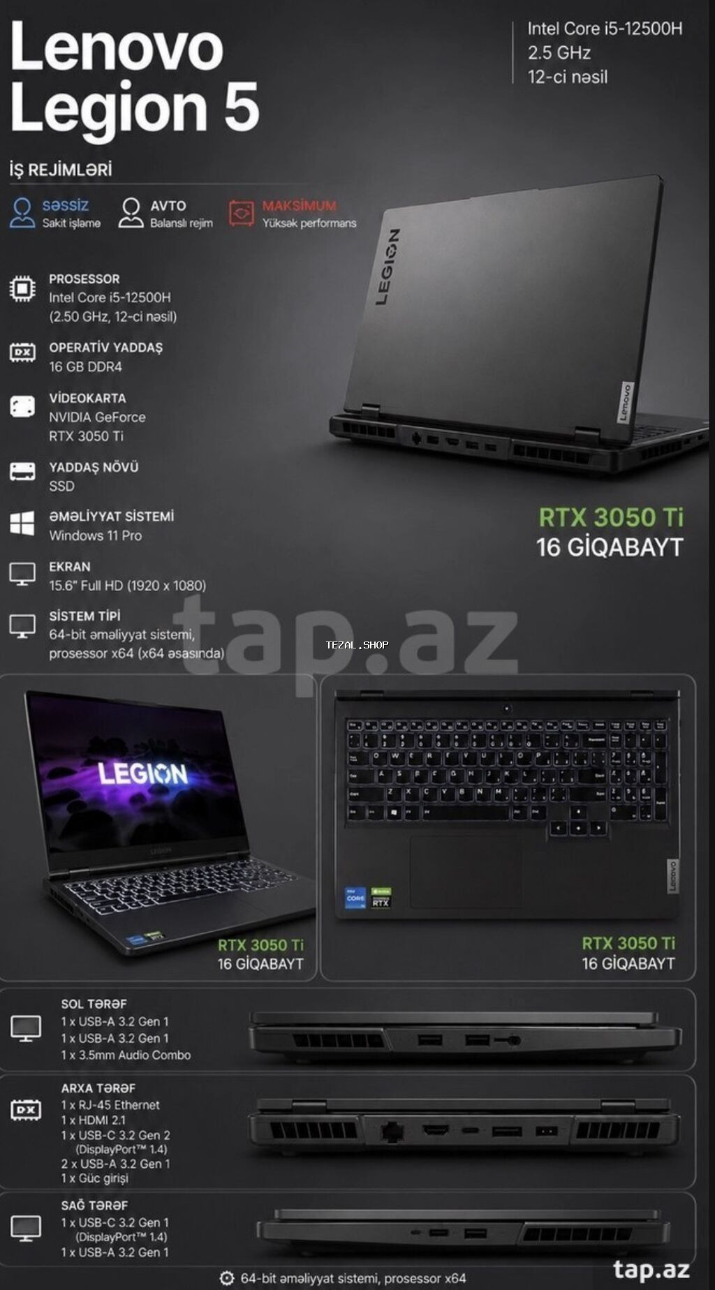 İşlənmiş Lenovo Legion, 15.6 ", Intel Core i5, 512 GB, Ünvandan götürmə - şəkil 4