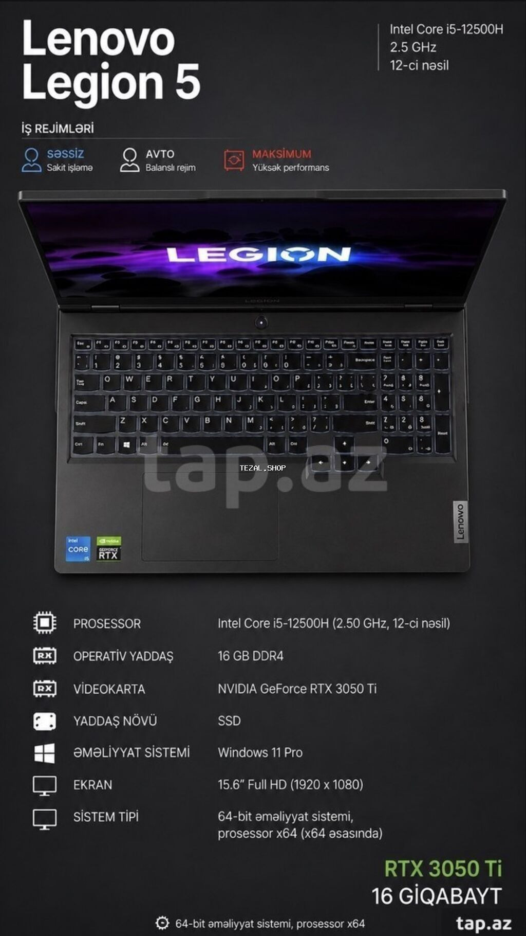 İşlənmiş Lenovo Legion, 15.6 ", Intel Core i5, 512 GB, Ünvandan götürmə - şəkil 5