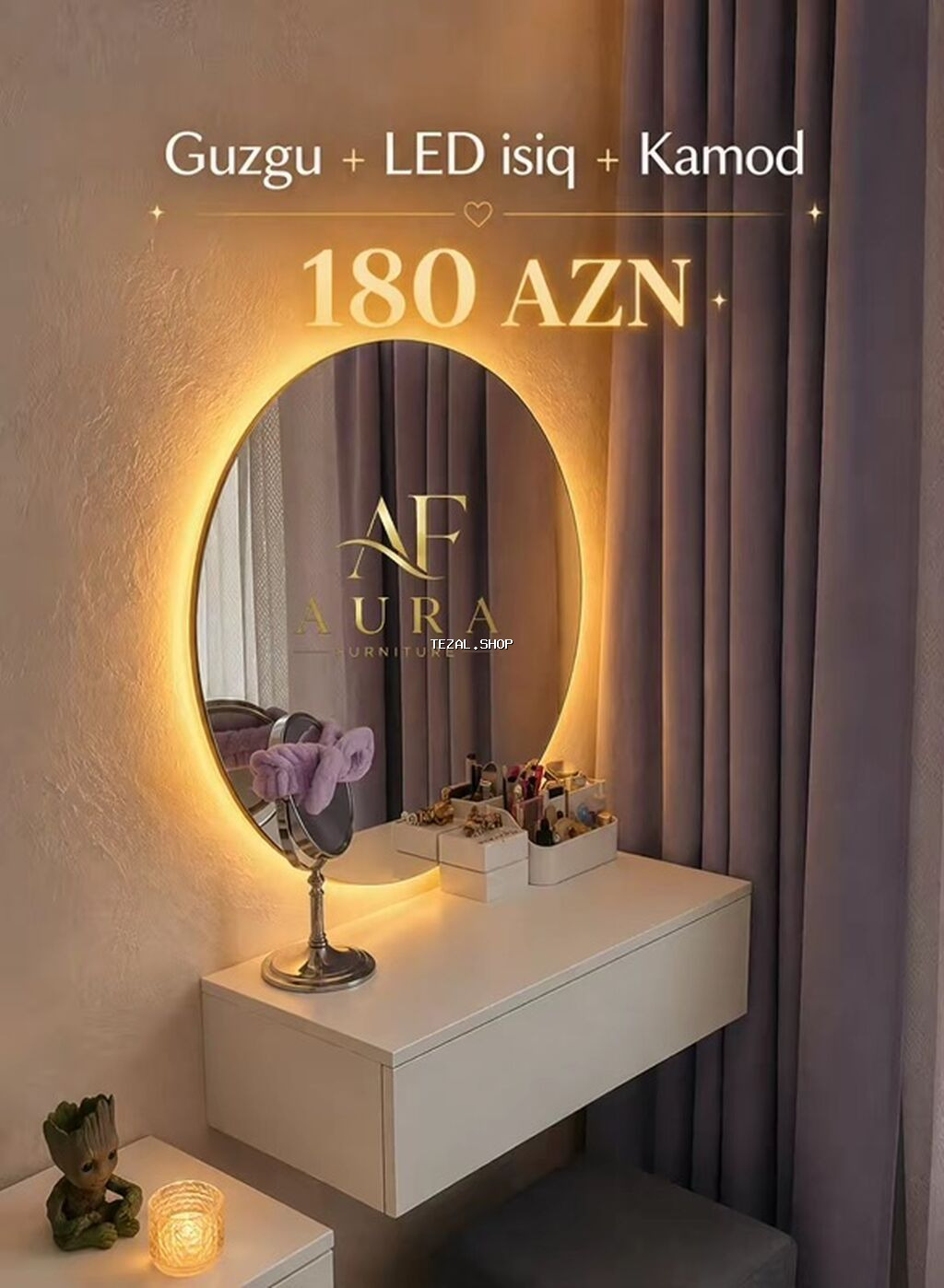 Güzgü + LED işıq + komod dəsti • Dairəvi LED işıqlı divar güzgüsü