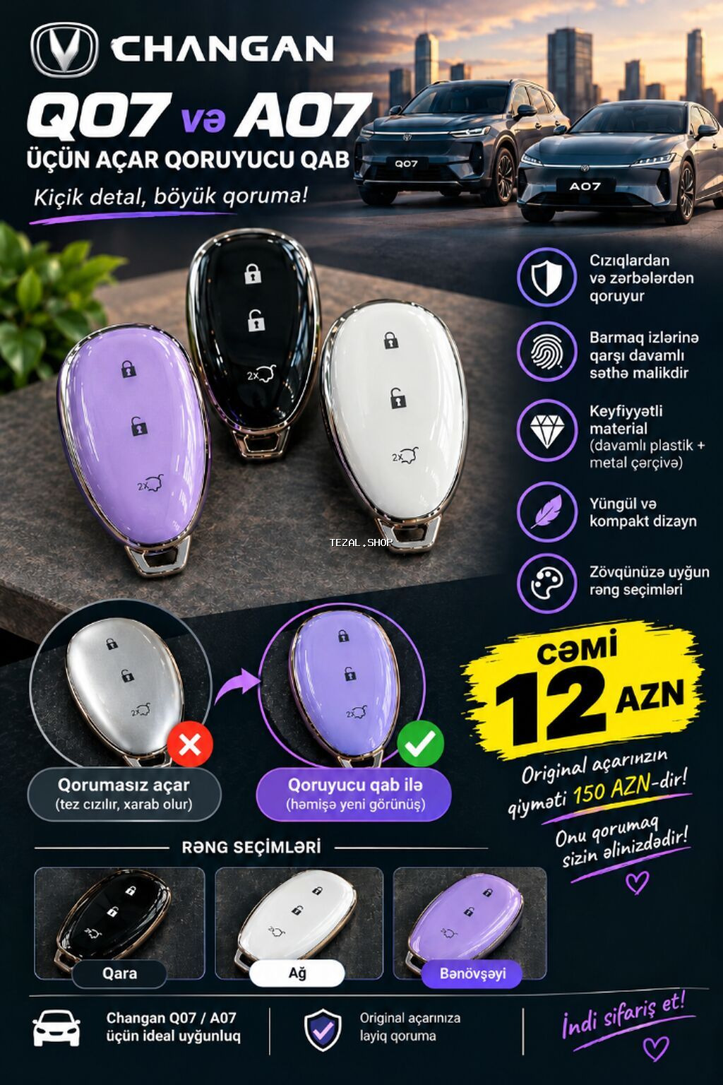 Changan Q07 və A07 üçün açar qabı. Keys, keyfiyyətli silikon