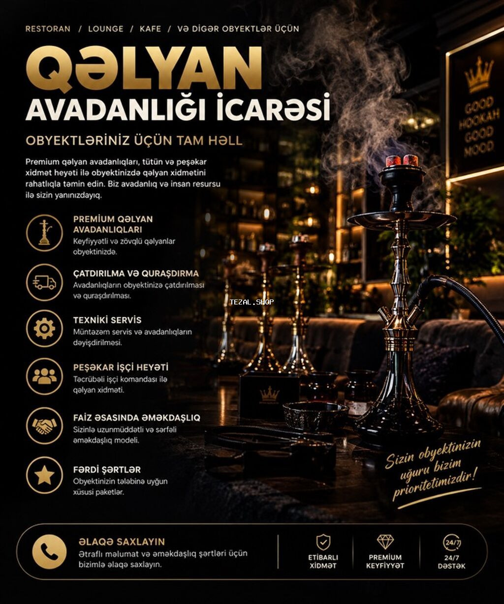 Qəlyan avadanlığı icarəsi – restoran, lounge, kafe və digər obyektlər