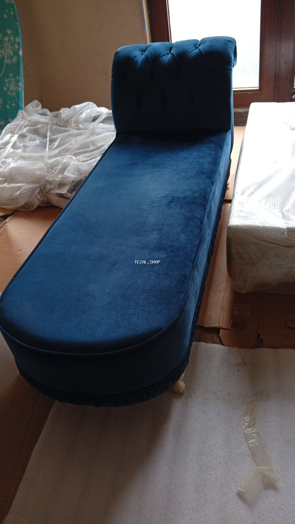 Mavi rəngli şezlonq (chaise lounge) - Material: yumşaq məxmər/parça - şəkil 2