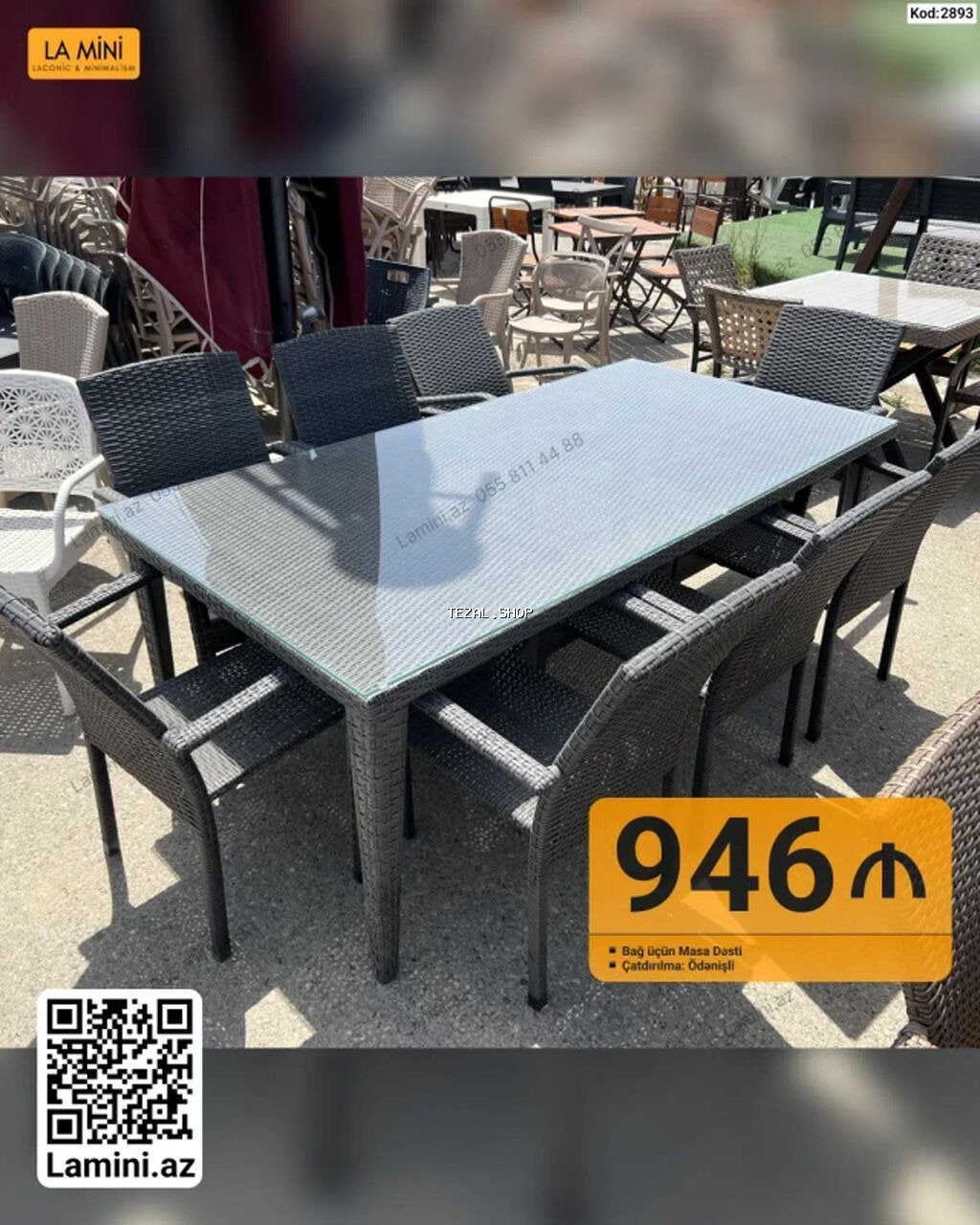 Bağ üçün masa dəsti - Dəst: 1 ədəd düzbucaqlı masa + 6 ədəd kreslo -