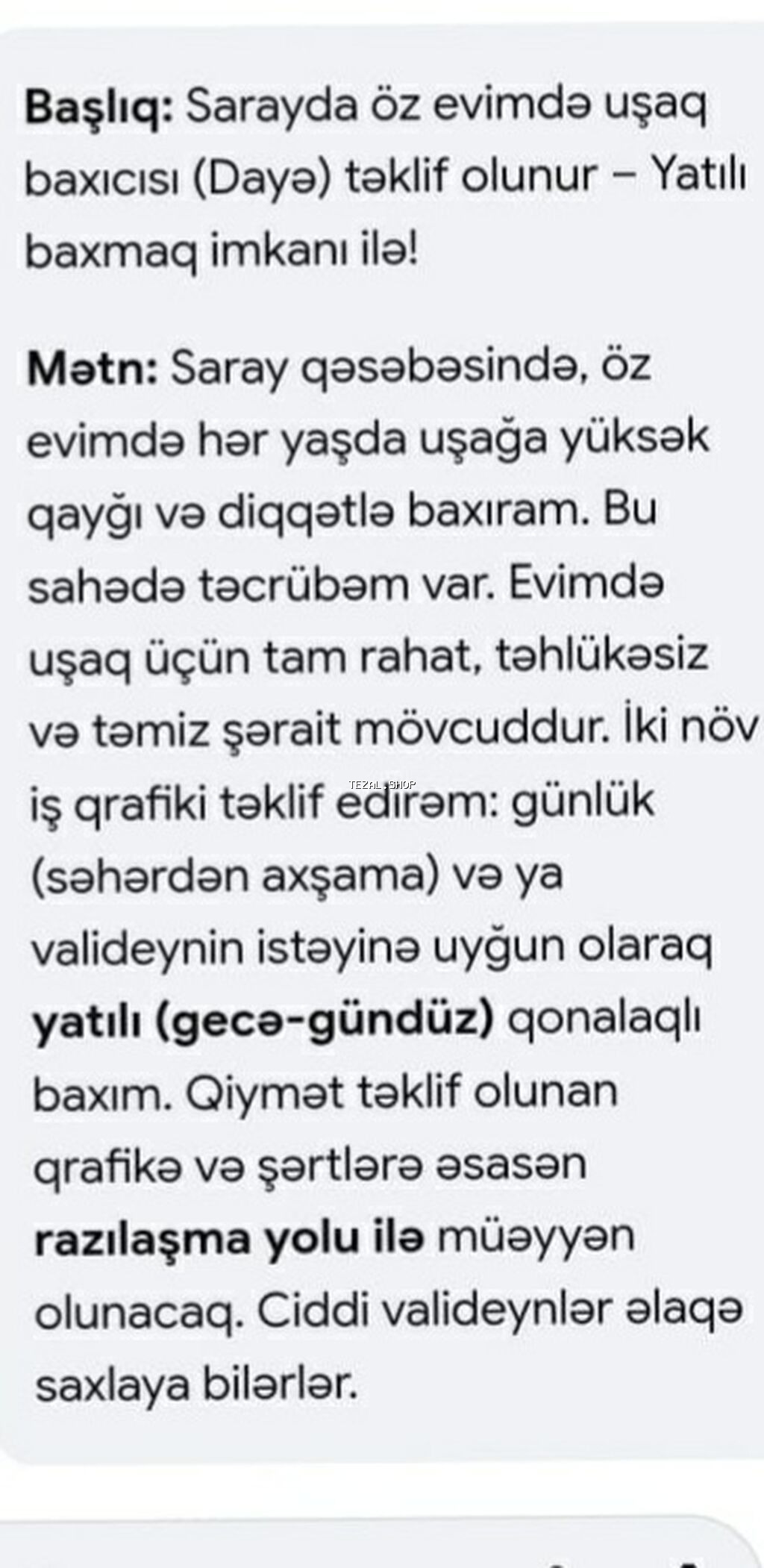 Başlıq: Sarayda öz evimdə uşaq baxıcısı (dayə) xidməti – yatılı baxım