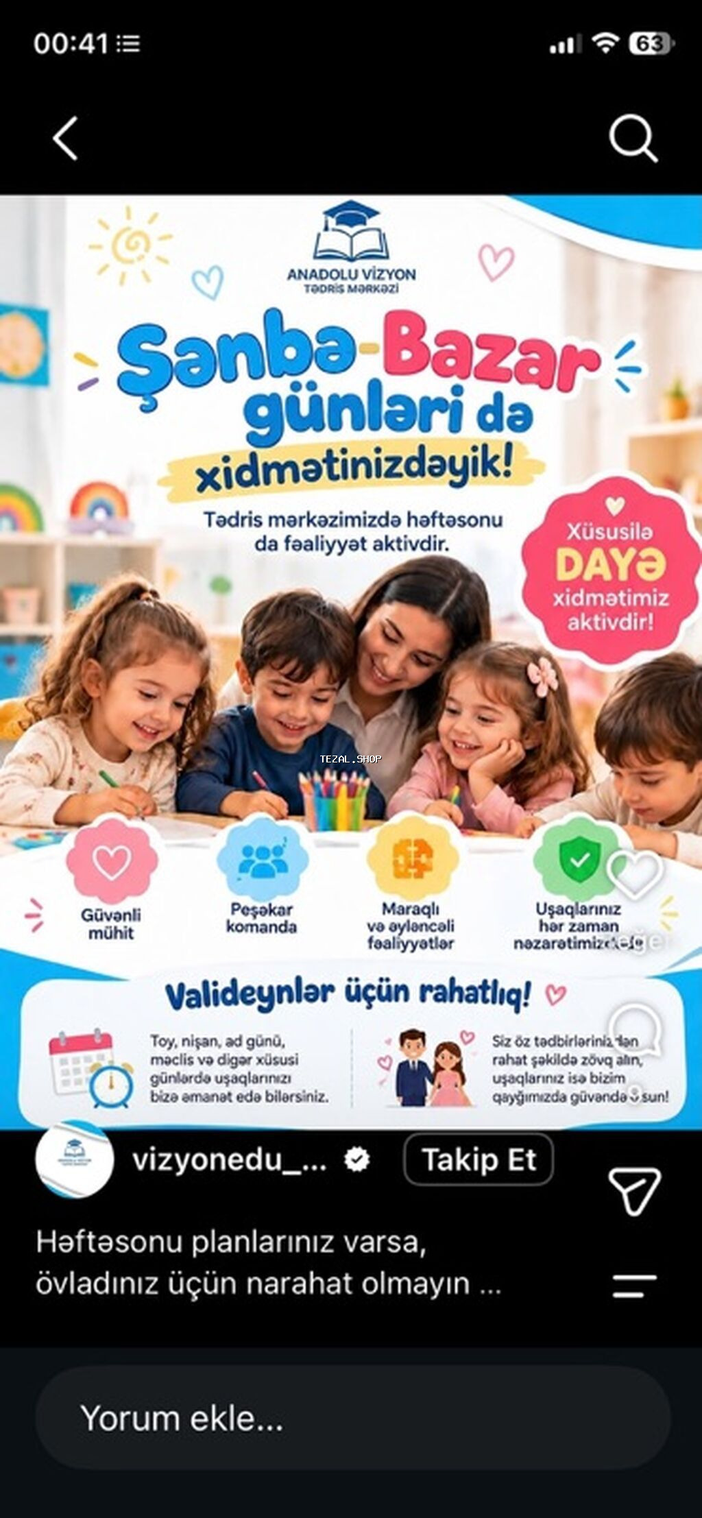 Şənbə-Bazar günləri uşaq qayğısı və inkişaf mərkəzi - Həftəsonu da