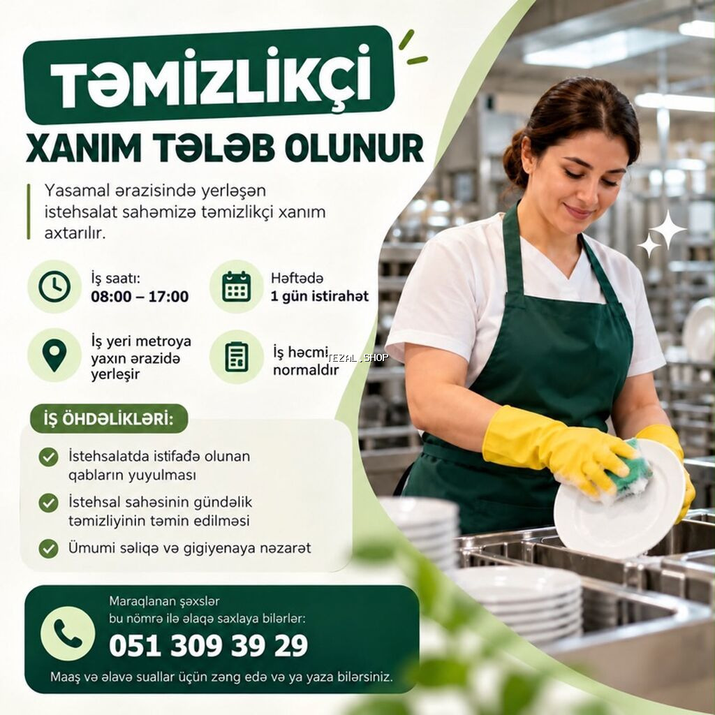 Xadimə tələb olunur, 46 yaşdan yuxarı, Təcrübəsiz, 6/1, Aylıq ödəniş