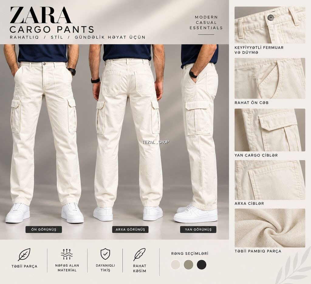 ZARA (orijnal) kişi üçün ağ rəngli kombat şalvar - Model: Kombat düz