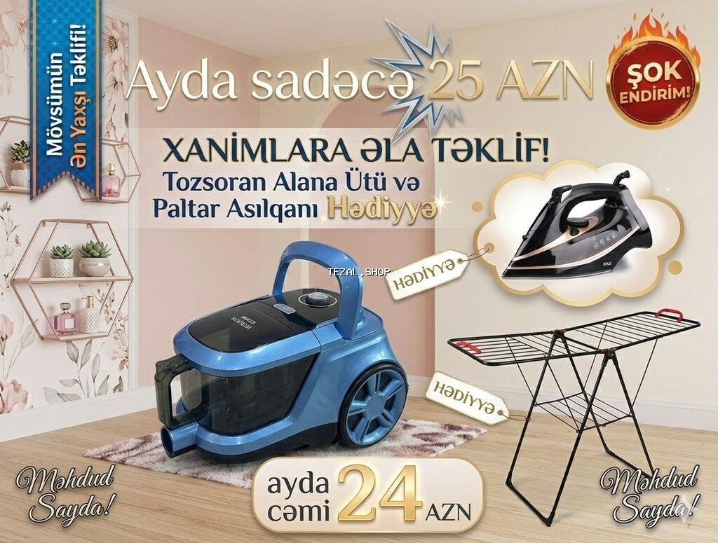 Məhsul paketi: Tozsoran + Hədiyyə ütü və paltar asılqanı - Güclü