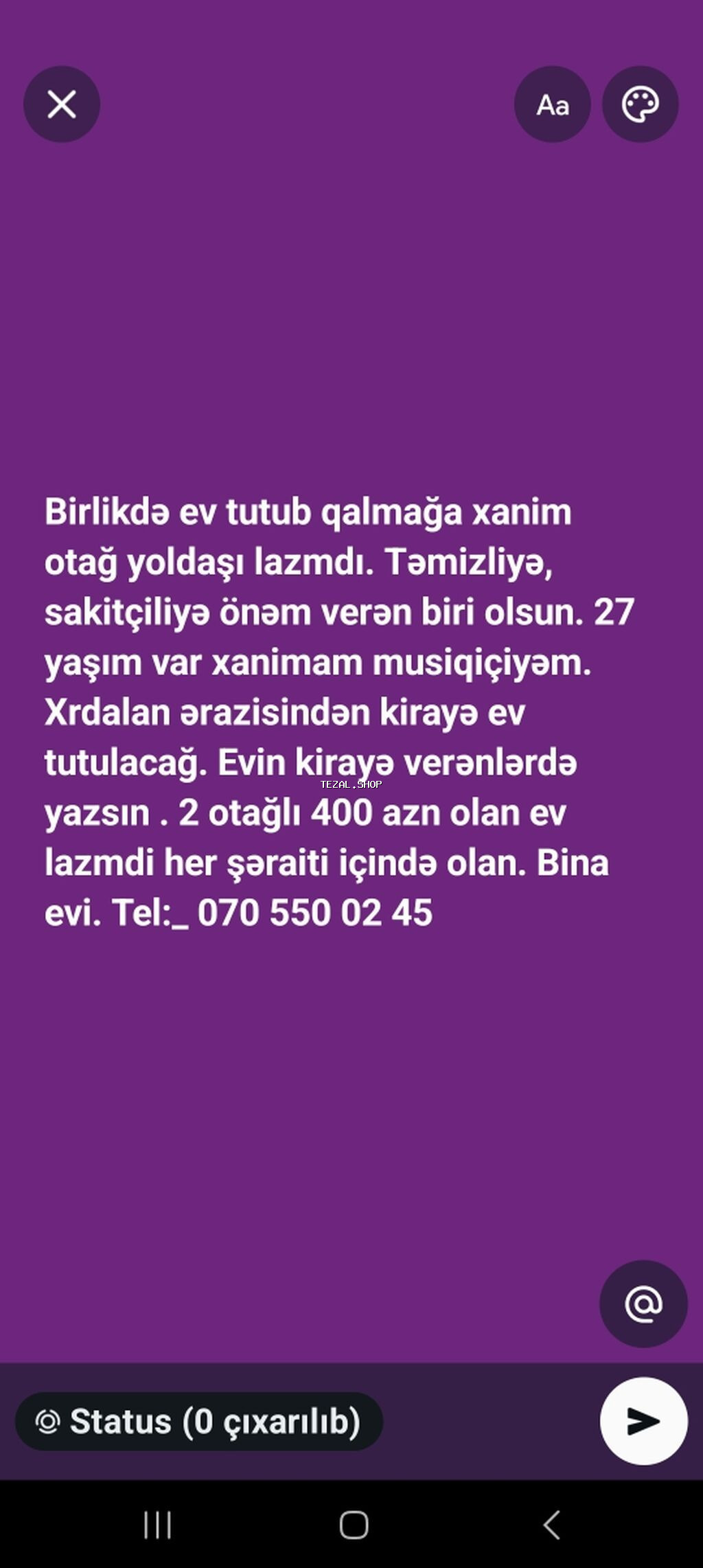 Xırdalanda birlikdə ev tutmaq üçün xanım otaq yoldaşı axtarılır