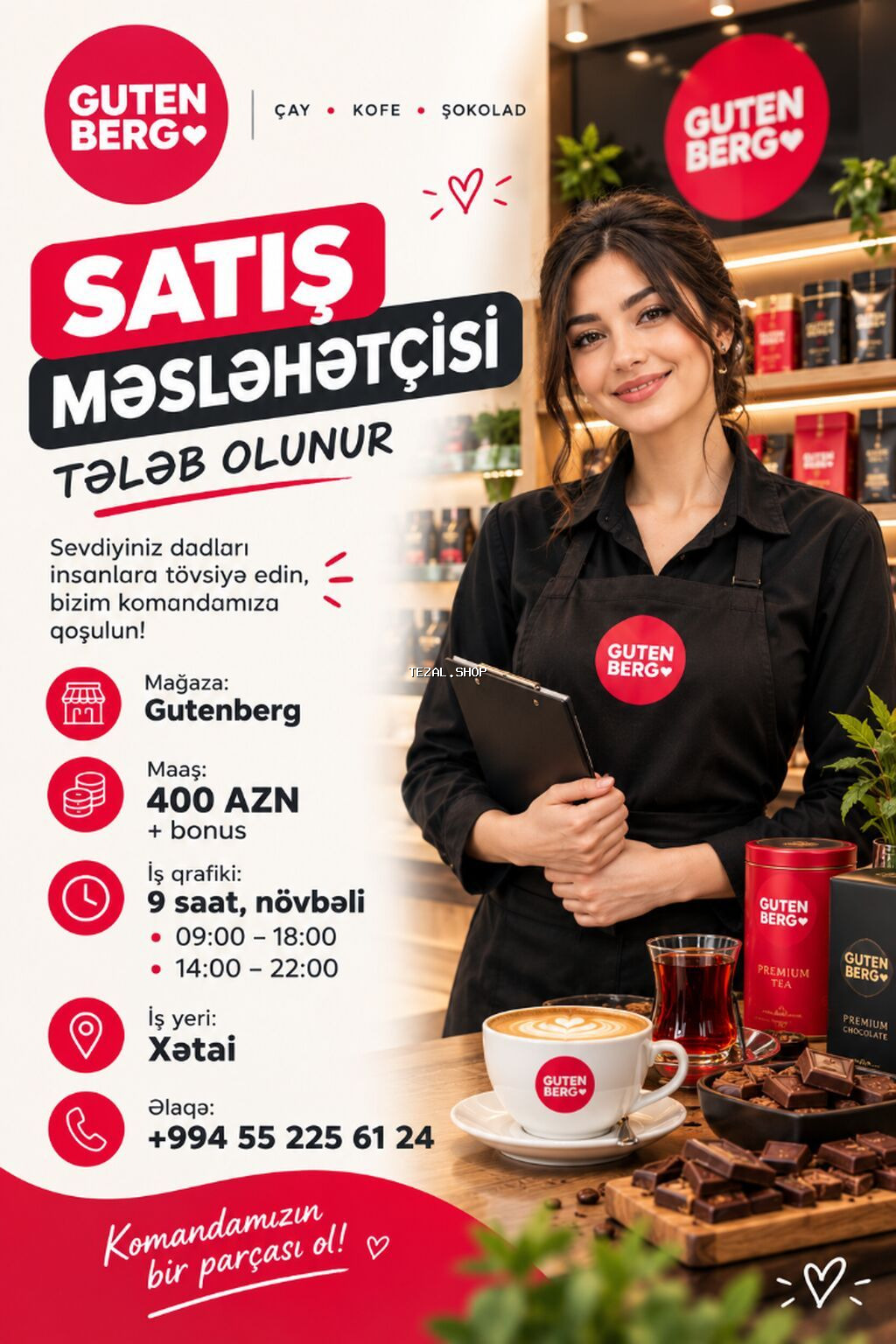 Gutenberg mağazasına satıcı tələb olunur. iş vaxtı 9 saat və növbəli