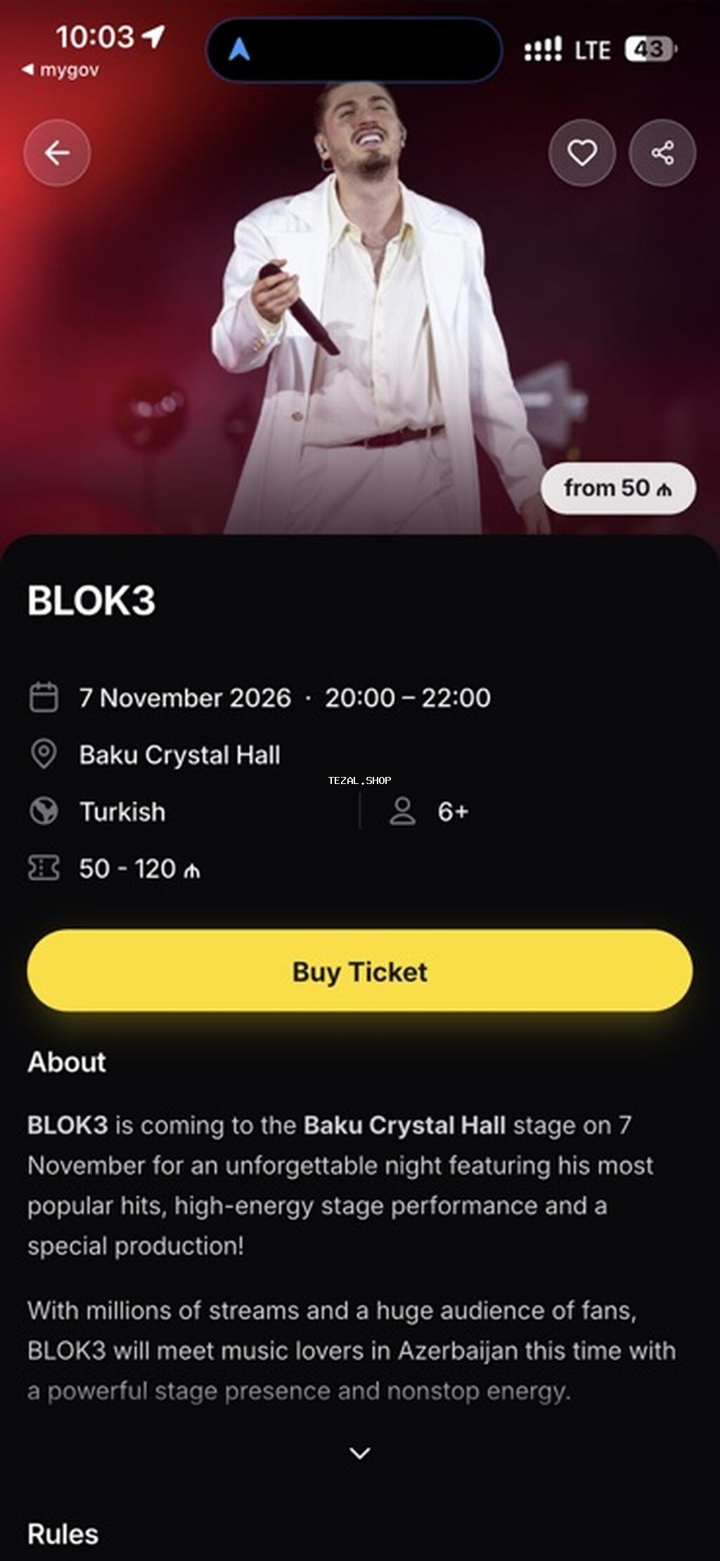 BLOK3 – Konsert biletləri Golden Circle Tədbir: - Tarix və saat: 7