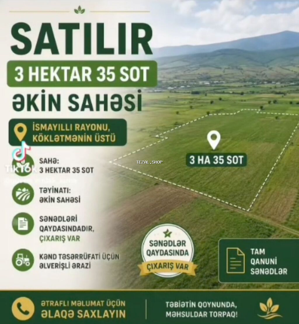 İsmayıllı. Qiymət razılaşma yolu ilə. Münasib qiymətə. Əkin sahəsi