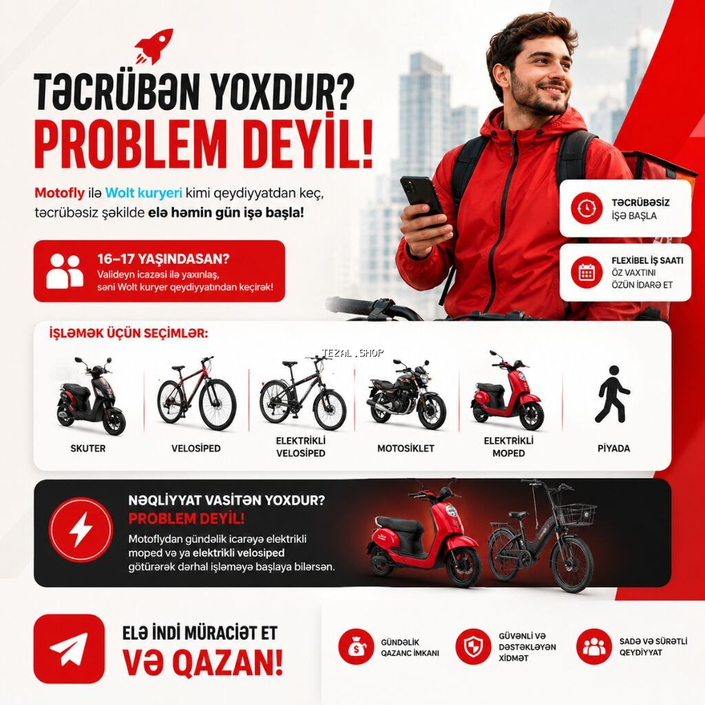 Moto-kuryer tələb olunur, Gündəlik ödəniş, Təcrübəsiz